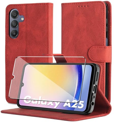 Byvuwiay Cover per Samsung Galaxy A25 5G, Slot per Schede, Chiusura Magnetica, Premium PU Pelle Portafoglio Custodia per Samsung Galaxy A25 5G, Rosso