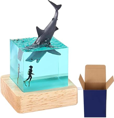 cimsfcor Epoxidharz Hai Nachtlicht, Nachtlampe mit Buckel Wal Shark Taucherlampe mit Holzsockel für Home Office Dekoration (Megalodon)