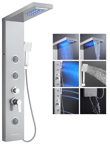 KEOKBON Pannello doccia a torre a cascata, soffione doccia a pioggia, palmare, 3 getti corpo (2 modalità) e beccuccio per vasca da bagno a cascata, set 6 in 1 nero con luce a LED