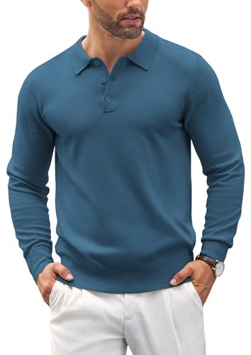 COOFANDY Mens Polo Jumper Long Sleeve Poloshirts Knitted Sweater Basic Sweatshirts Solid Color Pullover Denim Blue M
