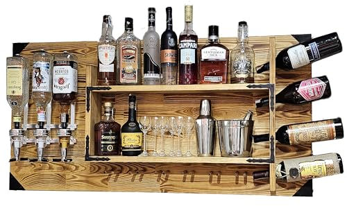 CREATIVE COOPER Holzregal mit Getränkespender | Alkohol-Wandspenderstation für 3 Flaschen | 120x60x14 cm | Vintage & Rustikal | Whisky, Gin, Schnaps | Wandbar für Wohnbereich (Eiche)