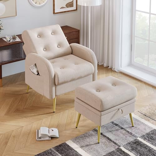 Dolamaní Schlafsessel mit Stauraum Fußstütze, Klappsessel mit Rückenlehne 3-stufig verstellbar, Sessel mit Schlaffunktion (Beige)