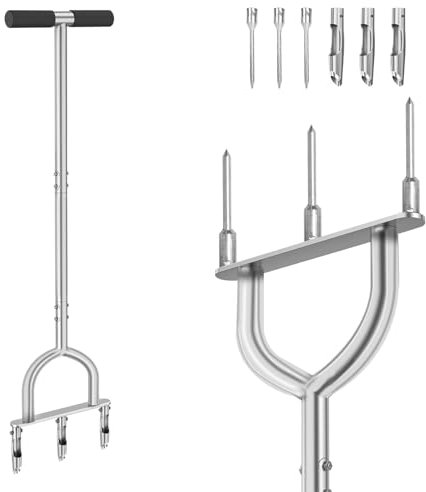 JOJOCY Aeratore per prato 2 in 1, 94 cm, aeratore manuale con 3 denti cavi e 3 punte solide, aeratore per prato per cortili e giardini
