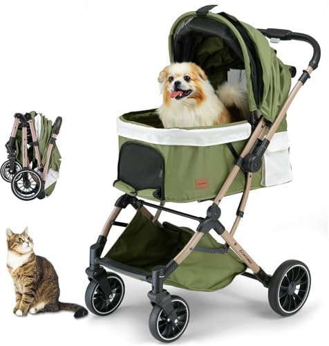 EchoSmile Ein-Knopf-Falt Hundewagen, Hundebuggy bis 20kg für kleine mittel Hunde & Katzen, Hunde Buggy & Katzenwagen mit Umkehrbarer Griff, Stoßdämpfung & Abnehmbares Waschbares Pad (Grün)