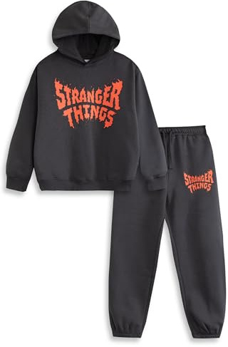 Stranger Things Unisex Kinder-Sweatshirt und Jogginghose in Schwarz | Langärmliges Kapuzenshirt mit Cartoon-Logo | Bequeme Loungewear für Spieltreffen und Schule Merchandise
