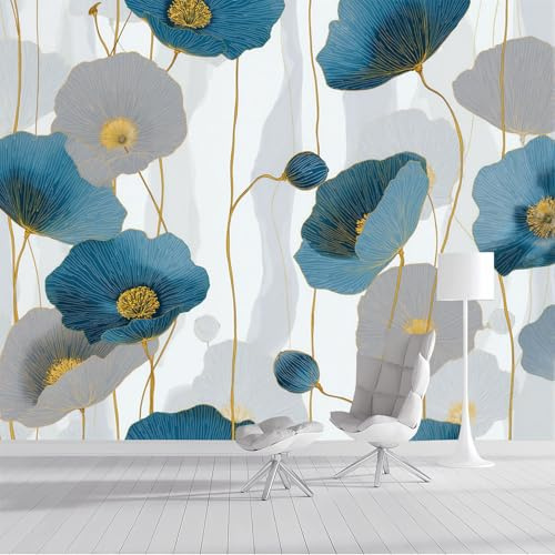 SMBHIAON Papier Peint Panoramique Peinture À L'Encre 200×140 Cm Style 3D Motif Coquelicot Papier Peint Bleu-Gris Pour Chambre Salon Décoration Murale