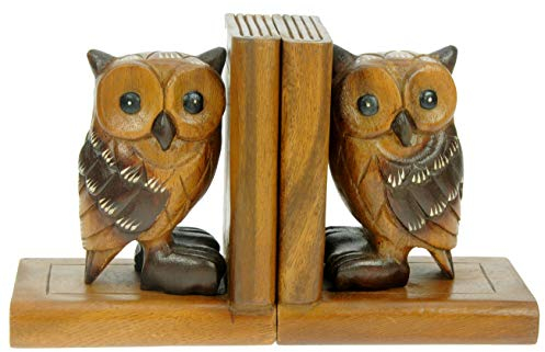 Namesakes® Holz-Buchstützen mit Eulen-Schnitzerei, handgefertigt aus Holz, einzigartige und witzige Eulen, handgeschnitzt, inklusive Anti-Rutsch-Pads – schönes Geschenk für Erwachsene und