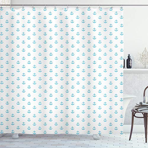 ABAKUHAUS Anker Duschvorhang, Blau Vivid Muster, Stoffliches Gewebe Badezimmerdekorationsset mit Haken, 175 x 200 cm, Sky Blue Weiß