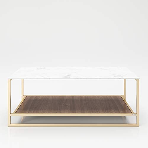 PLAYBOY Stauraum Couchtisch mit 2 Ablagen, Nussbaumdekor, Marmoroptik, gold matt lackiertes Metallgestell, Wohnzimmertisch mit Ablage, Marmortisch, Retro-Design, Club-Stil für Wohnzimmer & Lounge, 120 x 45 x 60 cm