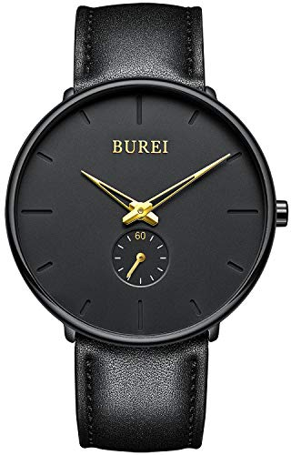 BUREI Herren Uhren Quarz Armbanduhr Schwarz Analoganzeige Schlichtes Design Klassisches weiches Lederband