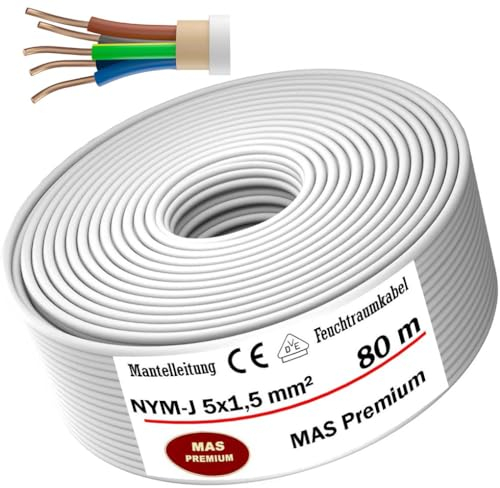 MAS Premium Feuchtraumkabel Stromkabel 5-170m Mantelleitung NYM-J 5x1,5, 2,5, 4, 6, 10 oder 16 Elektrokabel Ring für feste Verlegung (NYM-J 5x1,5 mm², 80m)
