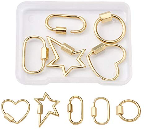 Cheriswelry 5pcs Carabiner Lock Hook Real 18K Gold Plated Star Heart Rings Screw Clasps Clips Decorative Charms for Jewellery Necklace Keyrings Making