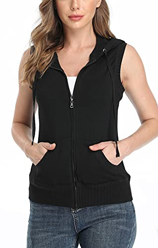MISS MOLY Ärmellos Sweatjacke Damen Weste Hoodie Shirt mit Reissverschluss Kurzarmjacken Sweatshirt Medium, Schwarz