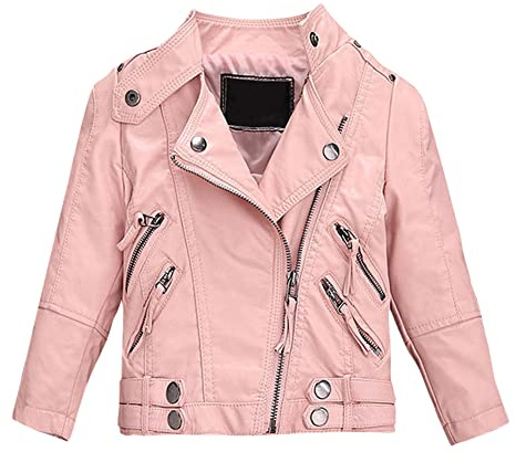 SXSHUN Giacca in pelle per bambini e bambine, in poliuretano, da motociclista, per le mezze stagioni, primavera e autunno Colore: rosa. 152/158 cm