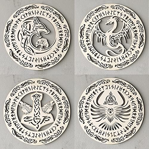 Tucocoo Celtic Norse Viking Mythology Animal Art 12” Decor 4Pcs Wall Plaque Set: Tree of Life, Dragon, Wolf Fenrir, Hummingbird, Thor’s Hammer, Norse Rune