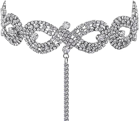 JewelryWe Schmuck Damen Choker Halskette Elegant funkelnde Strass Infinity Unendlichkeit Zeichen Braut Hochzeit Kette Halsband mit lange Quaste Anhänger Geschenke Silber