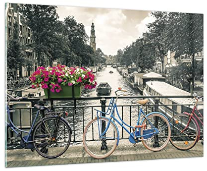 Bilder auf Glas 100x70cm Glasbild Amsterdam Fahrräder Brücke Groß Wanddeko Bild im Glas Schlafzimmer Küche Deko Wandbilder Dekoration Wohnzimmer Modern Wall Decor Wand Kunstdruck Art GAA100x70-4503