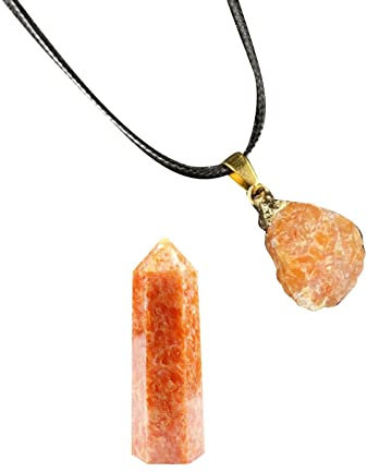 Soulnioi Sun Stone Irregular Orange Yellow Citrine Rough Pendant Leather Rope Necklace and Natural Crystal Semi-Precious Crystal Pillar Sun Stone for Reiki Healing, Crystal Balancing