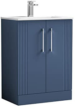 nuie DPF325B Deco Modern Bathroom Floor Standing 2 Door Part Fluted Vanity Basin Unit with Minimalist Ceramic Basin, 600mm, Satin Blue