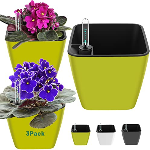 GS Garden 5 inch Self Watering Planters for Indoor Plants 3 Pack Plastic African Violet Self Watering Flower Pots with Water Level Indicator for Herb House Plant Planting