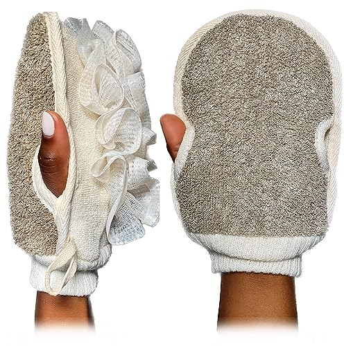 LINDISSIMA - Exfoliating Mitt Body Scrubber, Double-Sided Exfoliating Glove [UK Brand], Shower Puff Loofah Sponge, Dual Action Gentle Body Scrub Exfoliator & Bath Sponge for Skin Cleaning.
