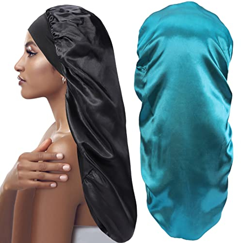 2 Stück Lange Satin Haarhaube,Satin Schlafmütze für Damen,Satin Haube Schlafmütze für Langes Lockiges Haar Schutz,Frauen Seide Nachtmütze zum Schlafen,für die Haarpflege (Schwarz+Blau)
