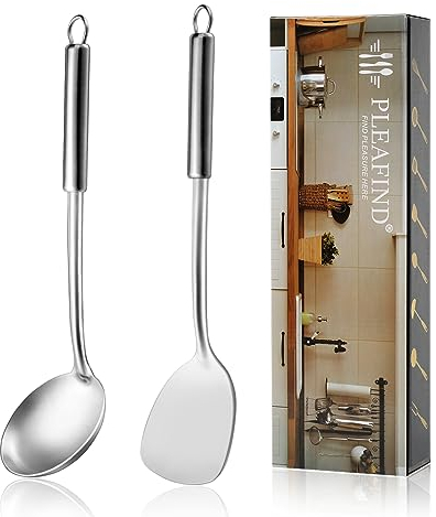 Pleafind Wok Pfannenwender und Suppenkelle, Edelstahl Schöpflöffel und Wokpfannenwender, Kochutensilien Set mit integriertem Aufhängeloch, 34.5cm Suppenkelle, 37cm pfannenwender