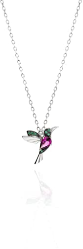 Einzelstück® Halskette mit Vogel Anhänger aus 925 Sterling Silber | Silberkette | grün pink Cubic Zirkonia (Kolibri Halskette Silber)