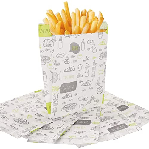 SKIR'CO Sacchetti Di Carta Per Imballaggio Alimentare 11 x 3 x 12 cm, Patatine Fritte, Fast Food Antigrasso, Cibo Wrap (200 pz)