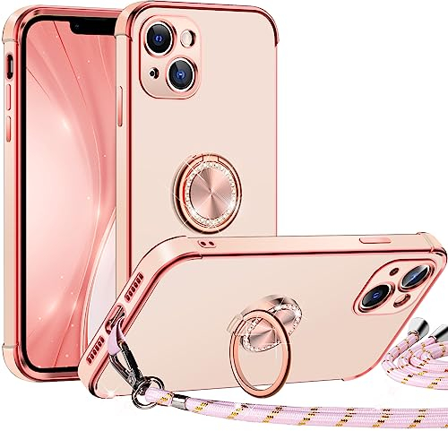 Silverback für iPhone 14 Hülle mit Band, 【Miss Arts】 Ring Ständer Handyhülle Handykette Frauen Mädchen Dünn Stoßfeste Schutzhülle für iPhone 14 Case Rosa