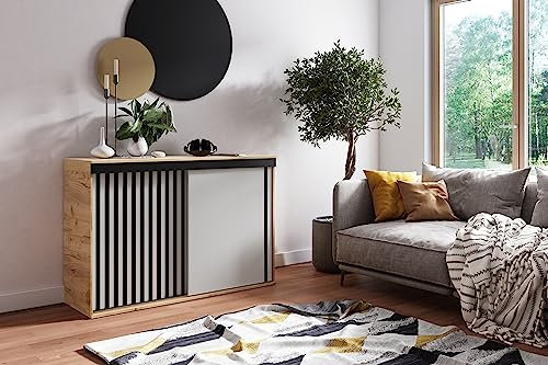 KIER FURNITURE Kommode Malani 140 - Mehrzweckschrank für Flur Schlafzimmer Wohnzimmer Kinderzimmer - Industrie-Design - Geräumige Regale - Eiche Craft Gold + Weiß 140x45x94cm