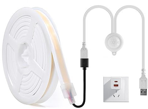 HEGEHE 5V Ruban LED Néon avec détecteur de mouvement, 320 LEDS/M COB Bande LED IP65 Etanche Bande Lumineuse Super Lumineux Flexible Bande Lumière (Blanc naturel, 2M)