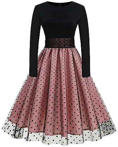 IMEKIS Robe Cocktail des Années 1950 pour Femme Robe Vintage Manches Longues col Rond à Pois Robe Rockabilly en Maille Plissée Ligne A