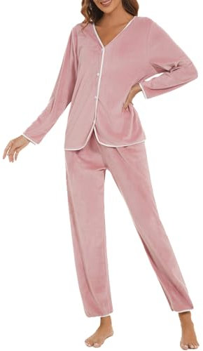 HANERDUN Pigiama Donna Invernale Caldo Set Pigiama in Cotone Pile 2 pezzi Top con Maniche Lunghe a Spalla Abbottonata e Pantaloni a Tinta Unita
