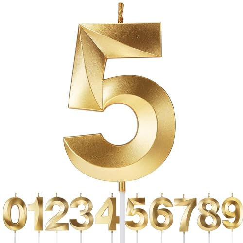 Birthday Candles Number Candles Age Year for Cakes Happy Birthday 3D Designed Wedding Anniversary Party Cake Topper Decorations (Gold, 5)