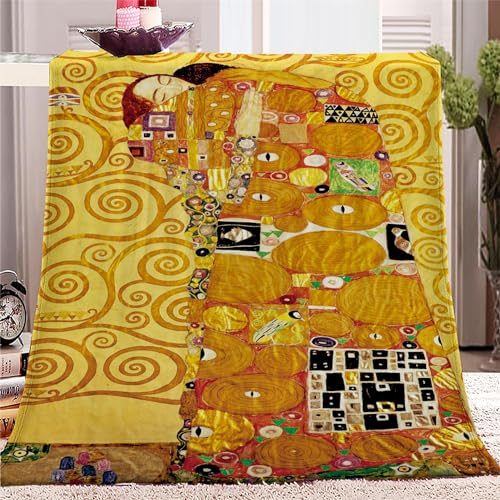 PLEETS Kuscheldecke Flauschige Decke 150 x 200cm Klimts Kuss und Lebensbaum Super Weich Fleecedecke auch als Wohndecke, Tagesdecke, Sofadecke & Wohnzimmer geeignet, Überwurf Decke Sofa & Couch