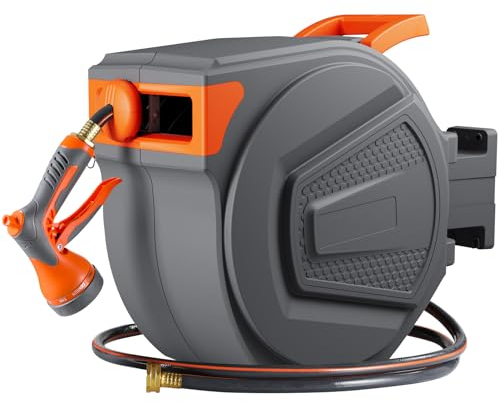 TLGREEN Retractable Garden Hose Reel, 1/2in x 100 ft Water Hose Reel Wall Mount Heavy Duty, with Rewind Storage, 9-Function Sprayer Nozzle, Any Length Lock, Slow Return System, 180°Swivel Bracket