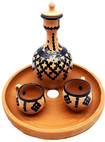 Jarre en Terre Cuite, pour Purifier Son Eau Naturellement - avec Deux Tasse et Un Plateau en bois, contenance 2l, 30cm +ou-
