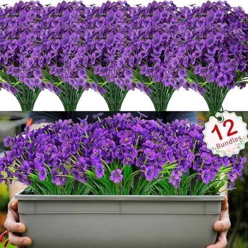 12 Lots de Fleurs Artificielles Deco Fleur Artificielle Deco Fausses Fleurs Balcon Fleurs de Balcon Résistantes aux UV Convient pour la décoration de Balcon, Jardin, extérieur (Violet)