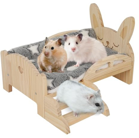 Sparklenut Meerschweinchen Hängematte Holz mit Kaninchenbett, Kaninchen Bett, Meerschweinchen Bett Matte, Meerschweinchen Versteck mit Treppen, Fleece Plüschbett (1* Bett Holz+1* Grau Plüschbett)