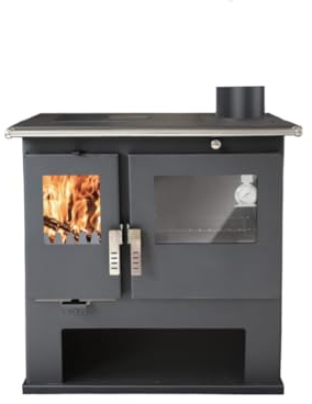 Vesro Kaminofen, Küchenofen, Holz, 7kW, Klassisch, Schwarz, Regulierung der Primär- und Sekundärluft, Sicherungsabschaltung, Scheibenspülung, A+