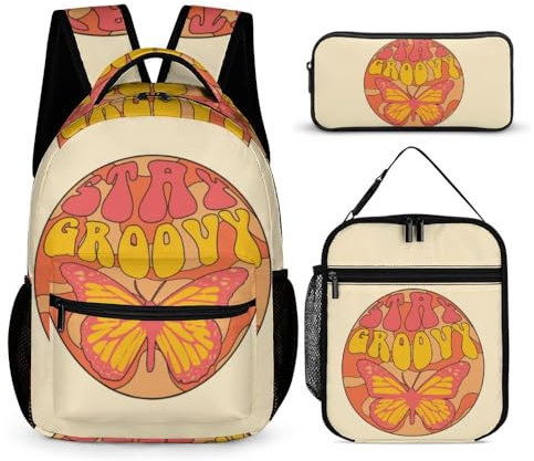 3-in-1-Kinderrucksack für Jungen und Mädchen, 70er-Jahre-Retro-Abstraktes Schmetterlingsmuster, wasserdichter Schulrucksack mit Lunchbox und Federmäppchen, niedliche Büchertasche, Reise-Schultasche,