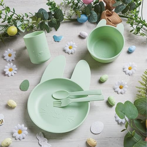 eBoutik - Kids Easter 5 Piece Breakfast & Dinner Tableware Set - Fun Bunny Shapped Plate, Bowl, Fork, Spoon and Tumbler, Plastic Spring Time Set for Toddlers & Children (Green)