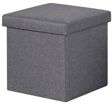 PINPLUS Sitzhocker mit Stauraum – Faltbarer Würfel Hocker aus Leinen, gepolsterter Fußhocker & Aufbewahrungsbox für Wohnzimmer, Schlafzimmer, Flur, 30x30x30 cm, Grau