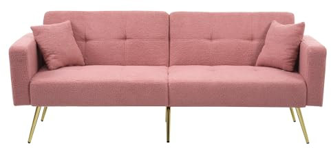 Merax Schlafsofa mit Bettfunktion, verstellbarem Winkel, Stabiler Holzrahmen, inkl. Kissen & seitlichen Aufbewahrungstaschen, umwandelbar, komfortabel, für Gäste, Rosa