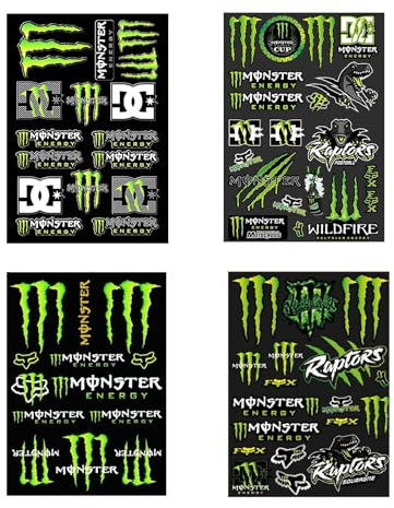 DINGFENG Set 6 Adesivi Moto Monster Energy – 4 Adesivi Monster Energy + 2 Stickers Moto in Vinile Impermeabile 20x21cm – Decorazioni Casco, Scooter, Bicicletta, Auto, Skateboard