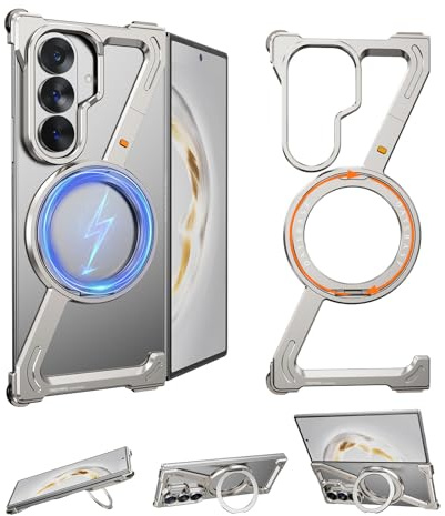 NIFBANG Z Shape for Samsung Galaxy Z Fold 7 Bumper Case with Stand,360°Rotatable Magnetic Metal Kickstand,Frameless Minimalist Military Grade Protector Phone Cases for Z Fold7 Cover(Natural Titanium)