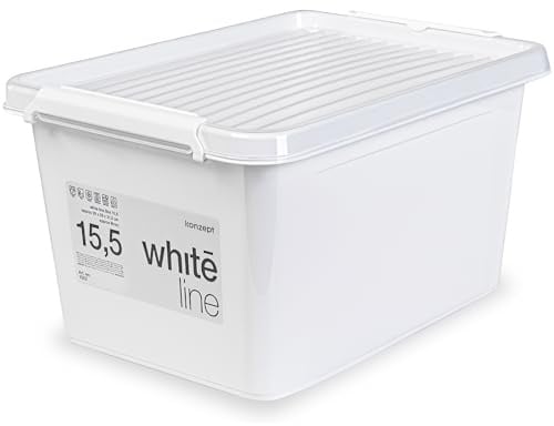 KONZEPT 15,5 L Aufbewahrungsbox mit Deckel und stabilen Clips – Stapelbar, robust & in elegantem Weiß – Ideal für Kleidung, Spielzeug & Lebensmittel