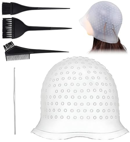 GILWUMO 1 Set di Kit di Cappello per Colorazione dei Capelli, Cappello per Colorazione in Silicona con Fori per Meches, con Pennello e Ago, Adatto per Donne e Ragazze (Bianco)