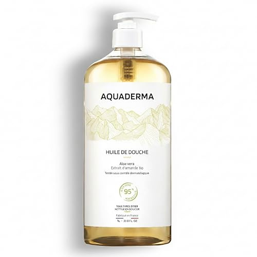 Aquaderma - Huile de douche - Aloe vera & amande - 1L | 95% Origine Naturelle - Fabriqué en France - Nourrit et Protège - Tous Types de Peaux - Visage et Corps - Hypoallergénique